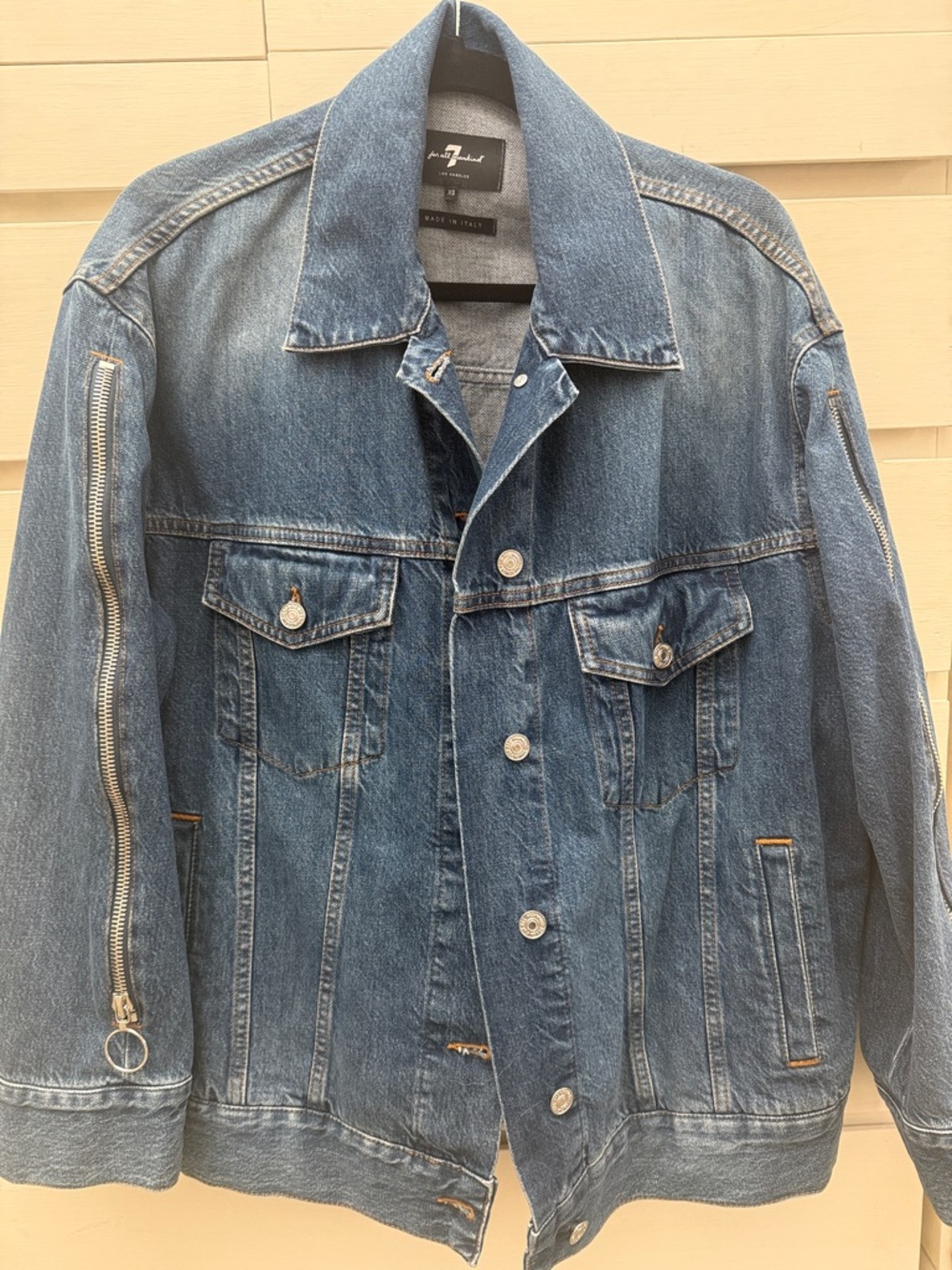 7 For All Mankind Blue Denim Trucker Jacket with Zipper Sleeve